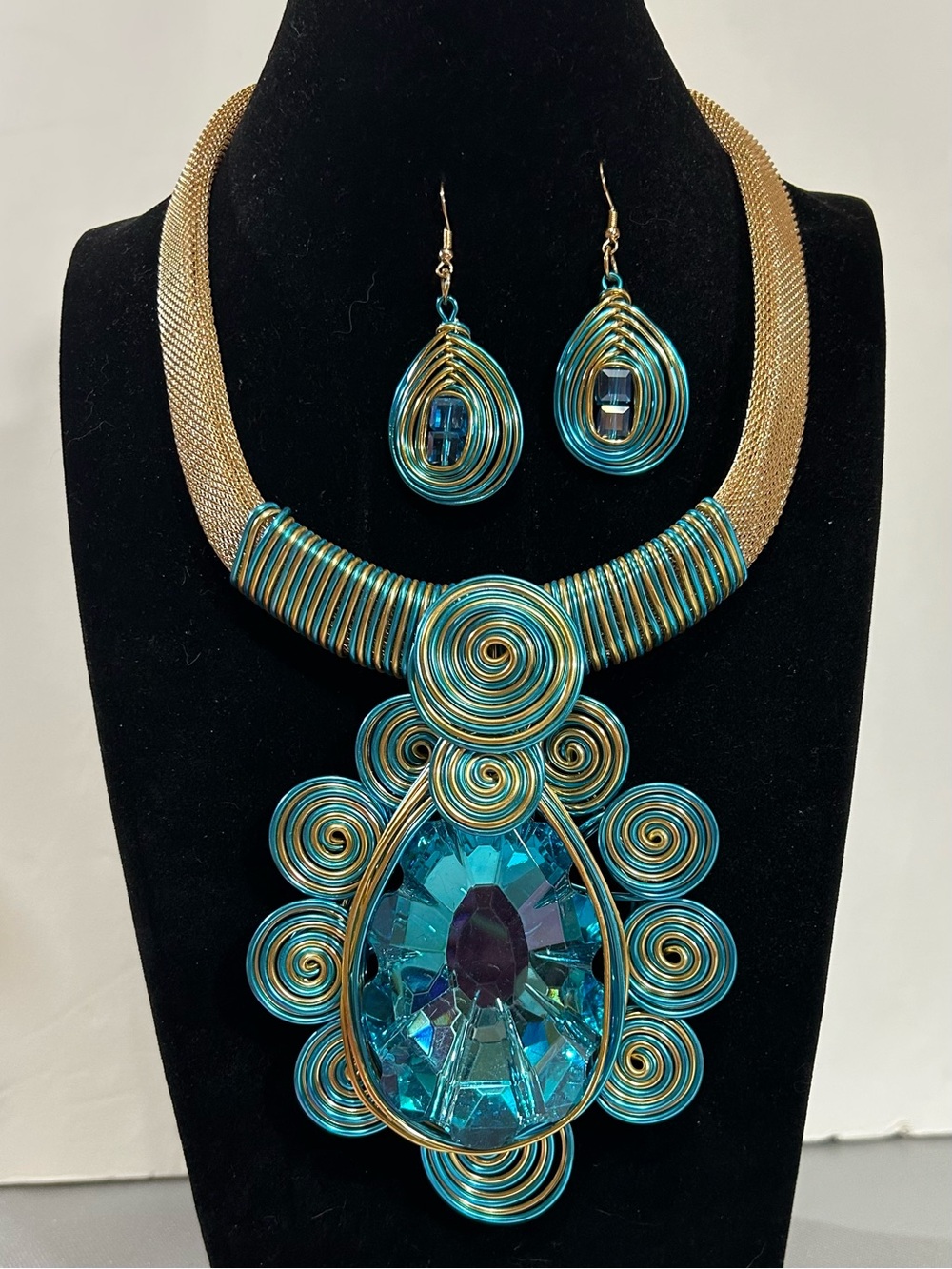 Turquoise Teardrop Wire-Wrap Statement Necklace & Earrings - Gold Accents